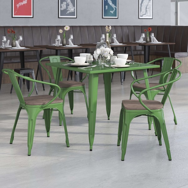 Flash Furniture Green Metal Chair with Wood Seat and Arms, PK4 4-CH-31270-GN-WD-GG - main